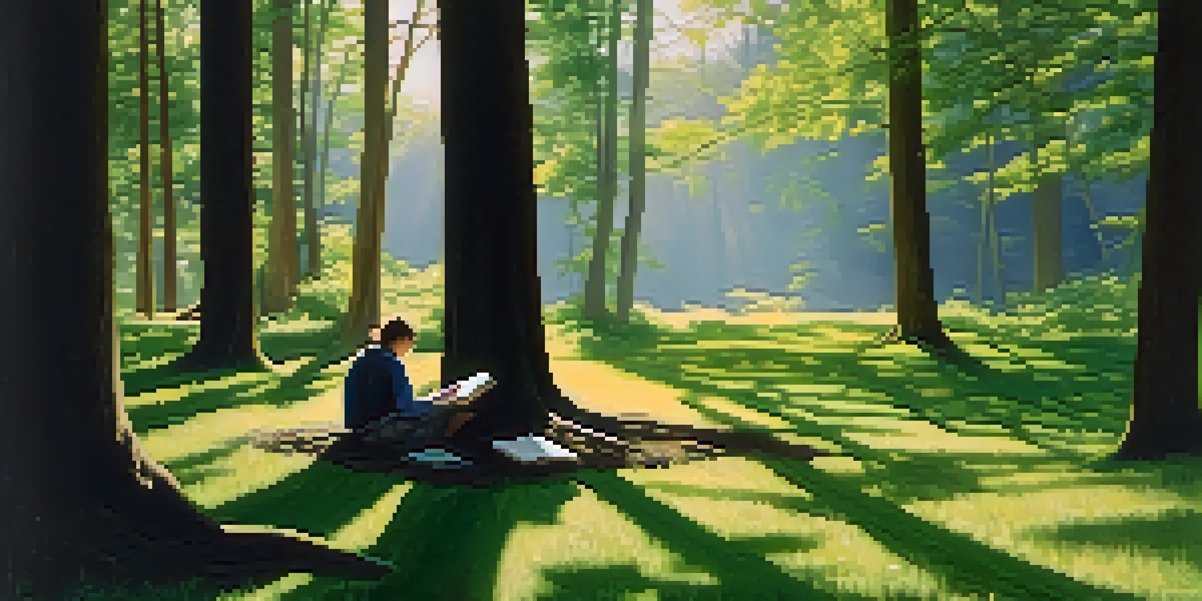 A person journaling in a tranquil forest setting, surrounded by greenery and soft sunlight.