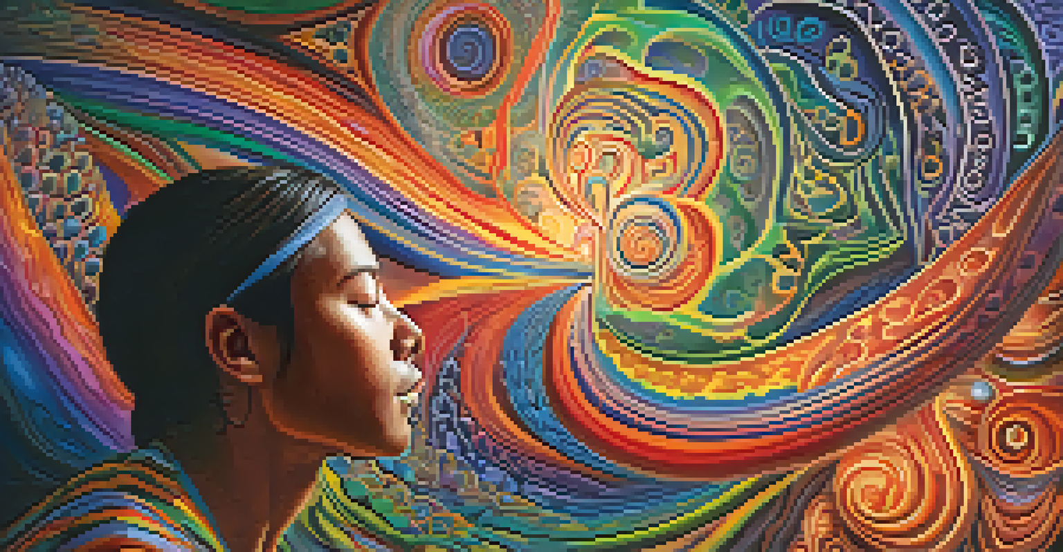 A meditative person with closed eyes surrounded by swirling colorful patterns, depicting a transformative experience during an Ayahuasca journey.