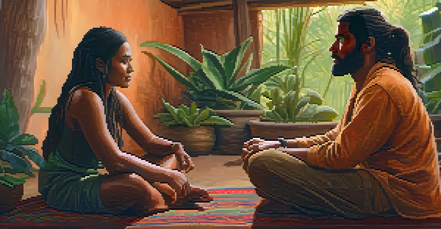 A facilitator and participant engaged in conversation post-ceremony in a cozy, warm space filled with plants and soft textiles.