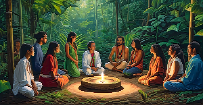 A serene Amazon rainforest scene showcasing people participating in an Ayahuasca ceremony, surrounded by vibrant greenery and a softly lit altar.