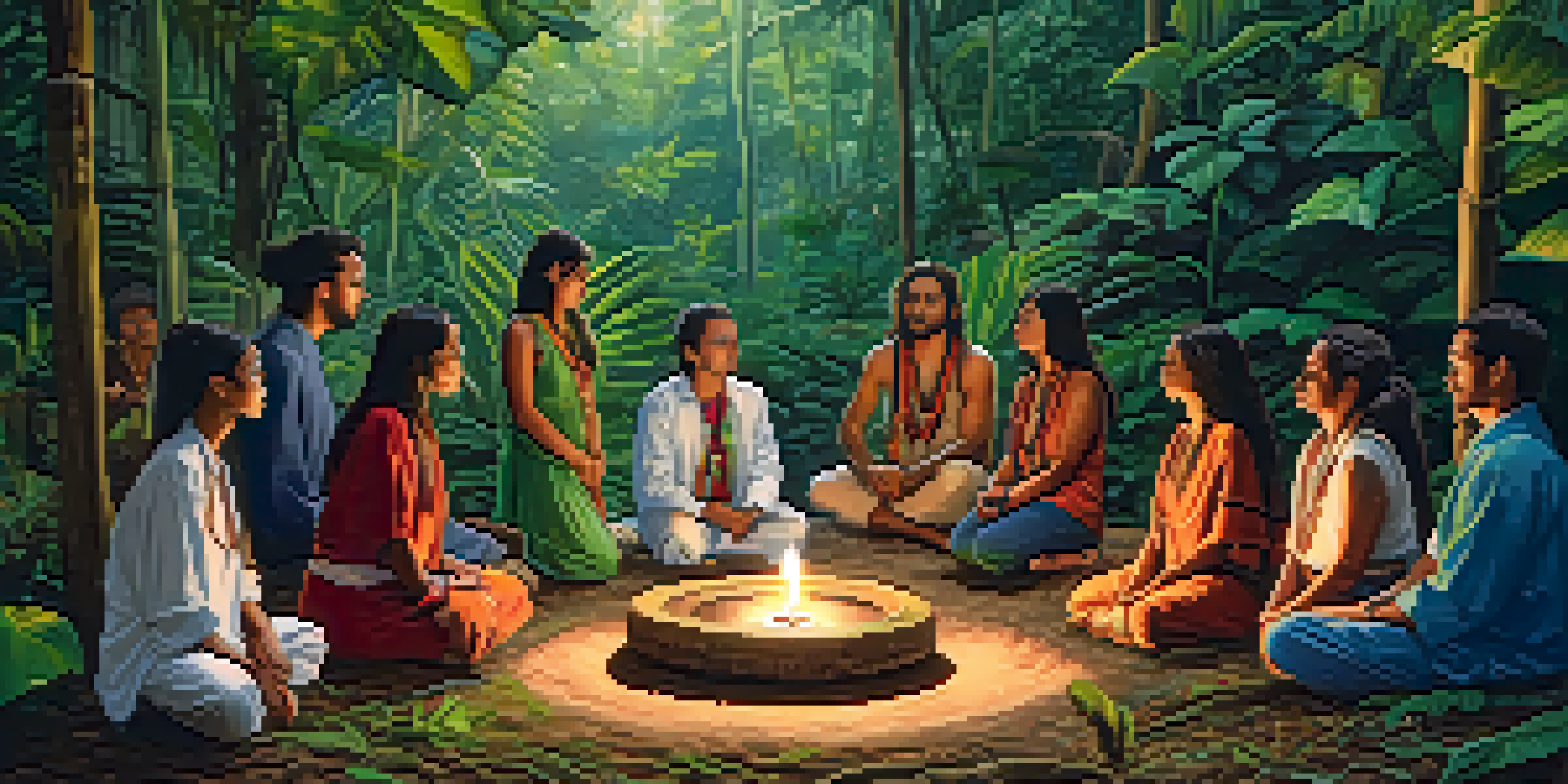 A serene Amazon rainforest scene showcasing people participating in an Ayahuasca ceremony, surrounded by vibrant greenery and a softly lit altar.