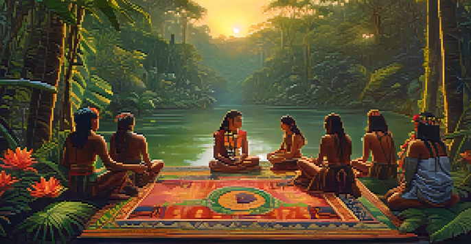 A peaceful Amazon rainforest at dusk with lush greenery, a winding river, and ceremonial artifacts on a mat.
