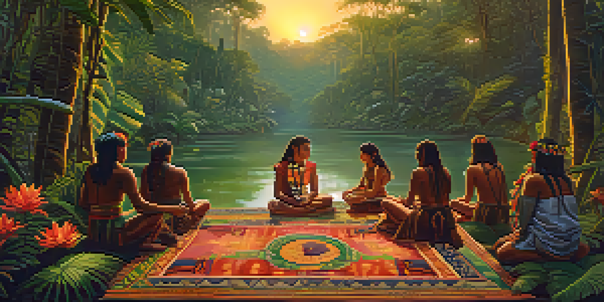 A peaceful Amazon rainforest at dusk with lush greenery, a winding river, and ceremonial artifacts on a mat.