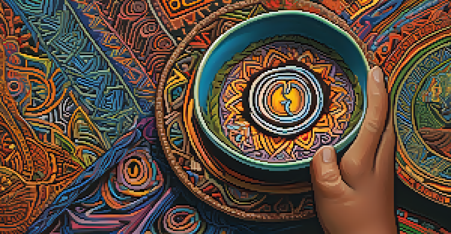 A close-up of a hand holding a natural cup of Ayahuasca in front of tribal art with healing symbols, illuminated by soft warm light.