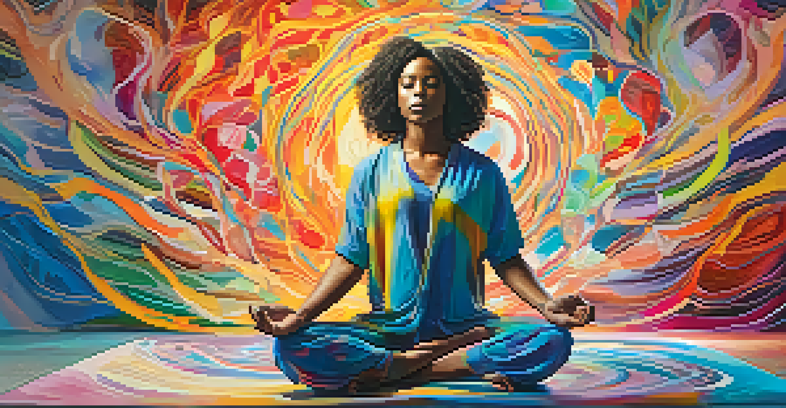 An abstract depiction of a person meditating, surrounded by colorful swirls and natural elements symbolizing healing.