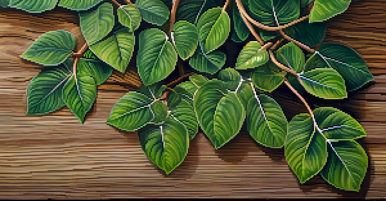 A close-up of the Ayahuasca vine and leaves on a wooden surface, highlighting the natural textures and colors of the plant.