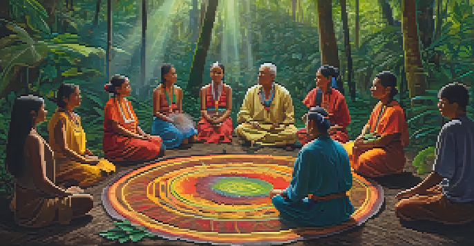 A peaceful ayahuasca ceremony with participants sitting in a circle on mats in a green rainforest, a healer in colorful attire at the center.