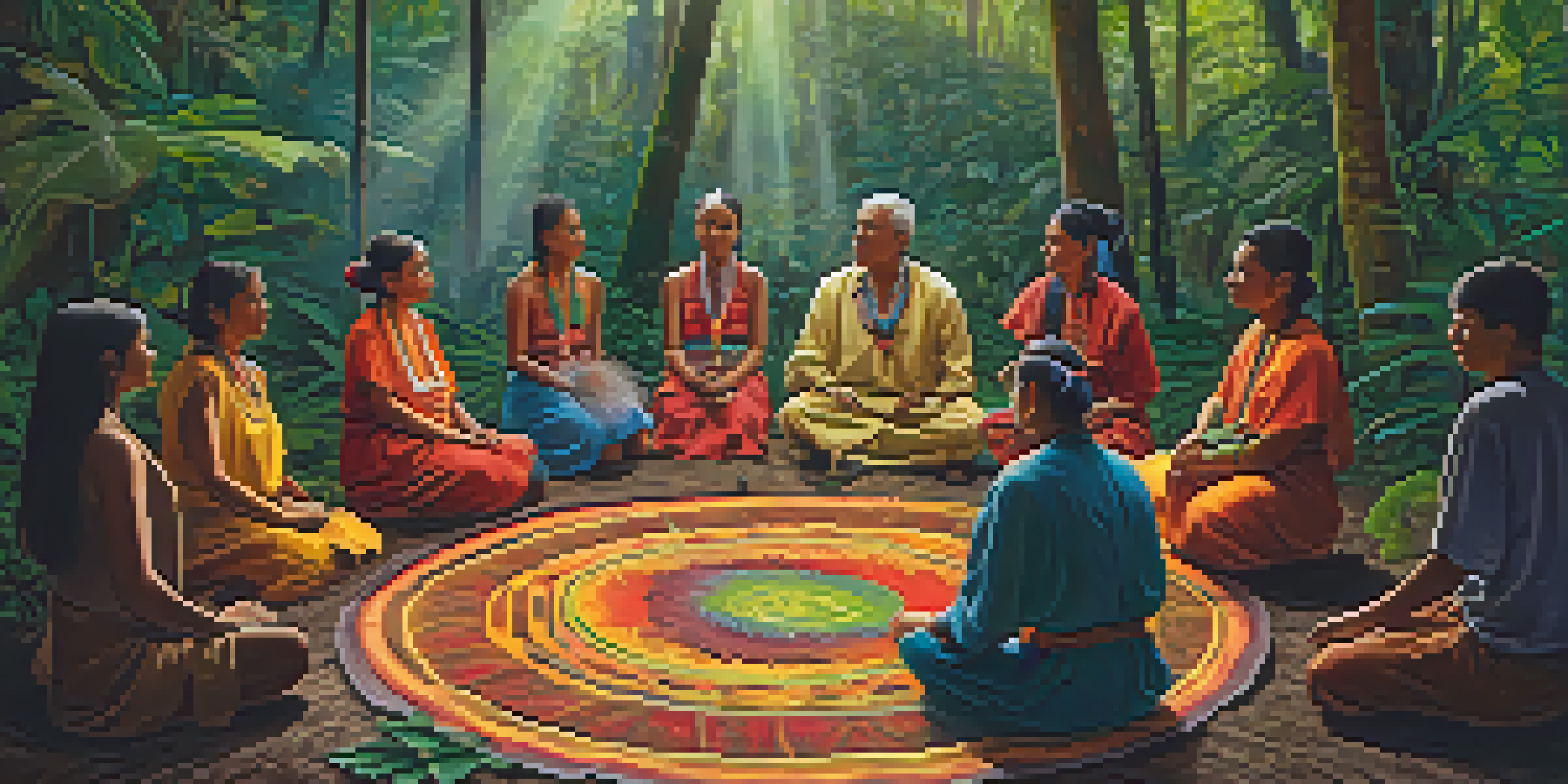 A peaceful ayahuasca ceremony with participants sitting in a circle on mats in a green rainforest, a healer in colorful attire at the center.