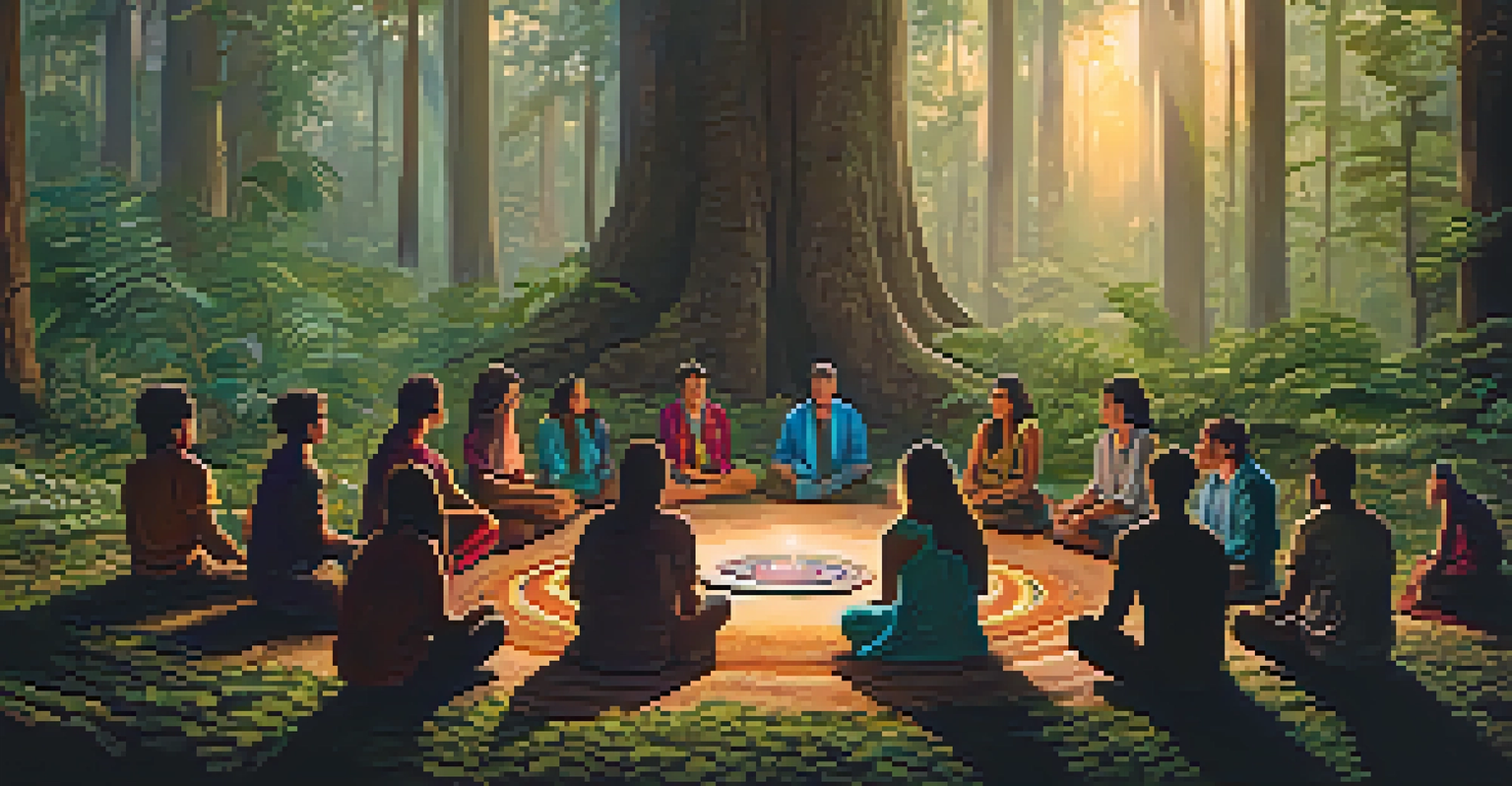 A tranquil Ayahuasca ceremony scene with participants sitting in a circle on the forest floor, warmly lit by lanterns in a lush forest.