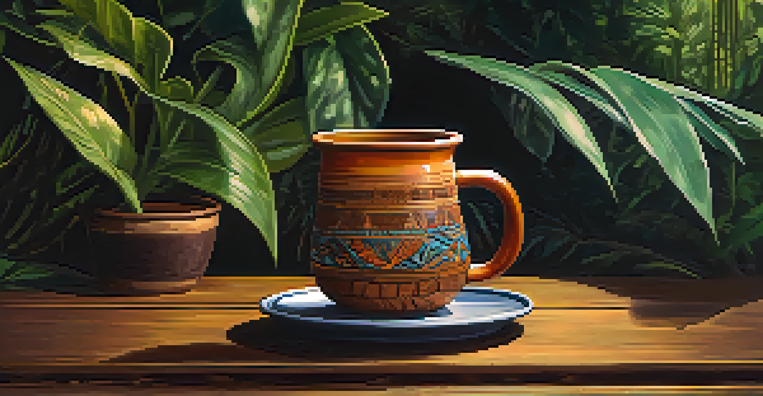 A close-up of Ayahuasca in a ceramic cup on a wooden table, surrounded by Amazonian plants.