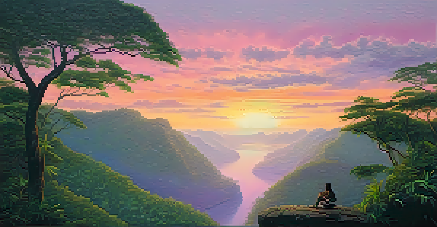 A beautiful sunrise over the Amazon rainforest with soft pastel colors in the sky and a silhouette of a person meditating at the edge of a cliff, symbolizing new beginnings.