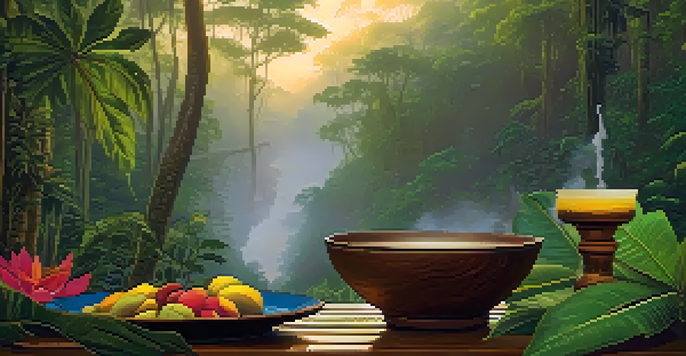A tranquil Amazon rainforest at dawn with mist, featuring a wooden table and a bowl of ayahuasca surrounded by vibrant greenery and flowers.