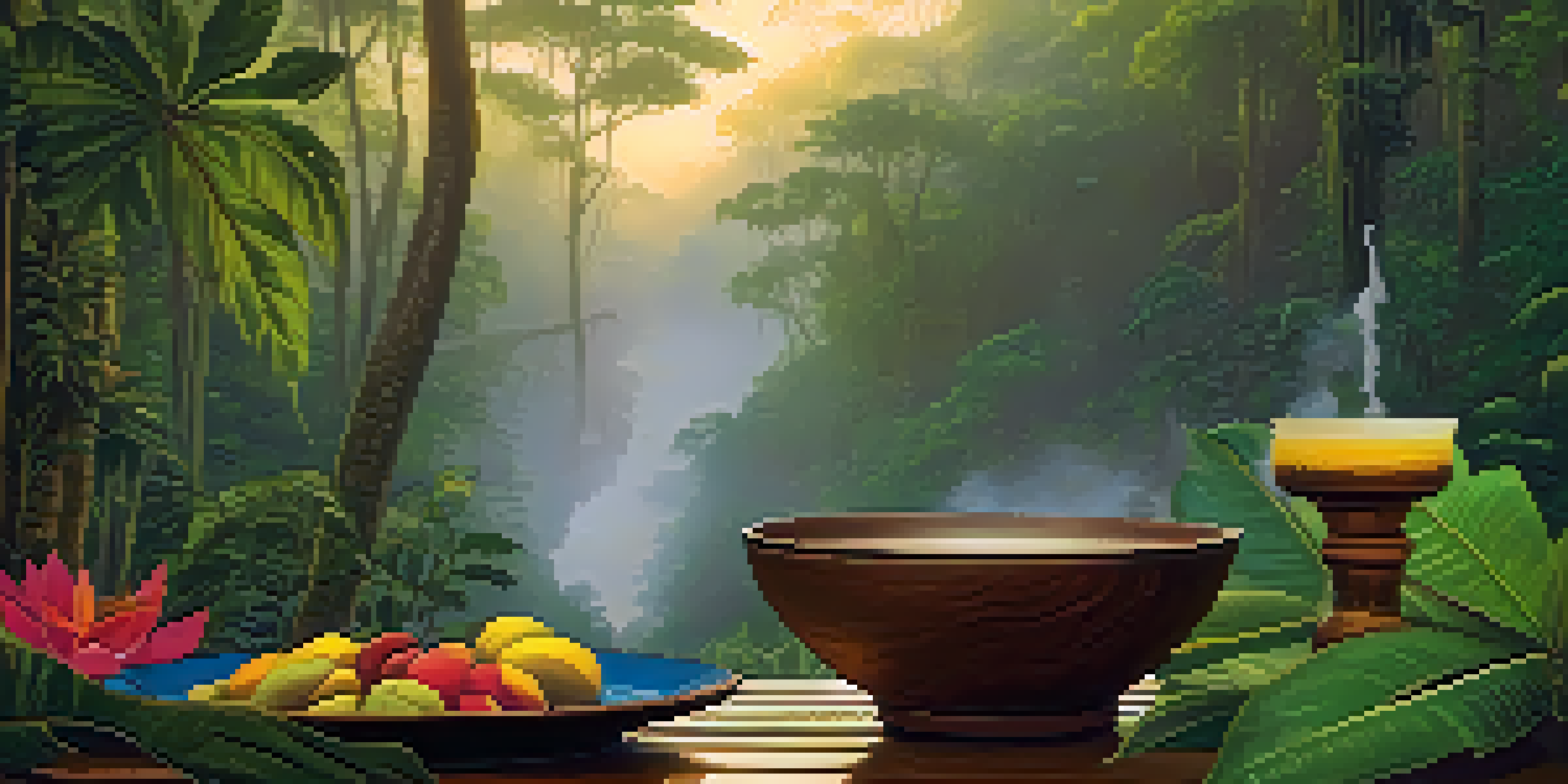 A tranquil Amazon rainforest at dawn with mist, featuring a wooden table and a bowl of ayahuasca surrounded by vibrant greenery and flowers.