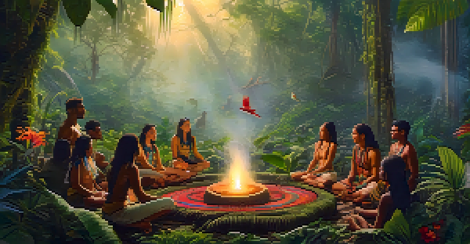 A group of diverse individuals participating in an Ayahuasca ceremony in a lush Amazonian rainforest at dawn, surrounded by vibrant flora and gentle mist.
