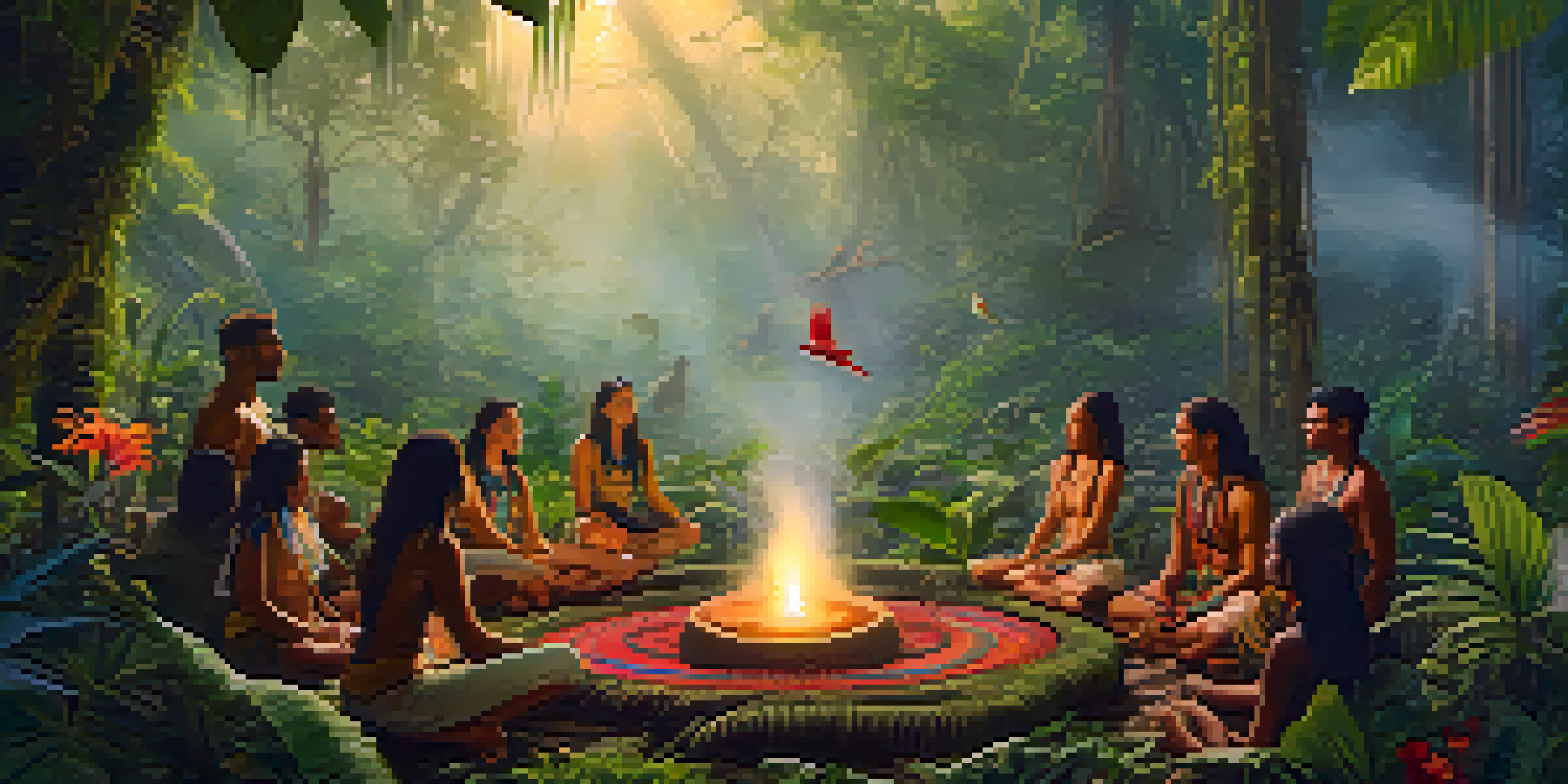 A group of diverse individuals participating in an Ayahuasca ceremony in a lush Amazonian rainforest at dawn, surrounded by vibrant flora and gentle mist.