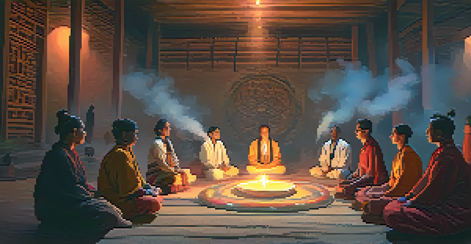 A group of participants in a dimly lit ceremonial space with a shaman, creating a calm and united atmosphere.