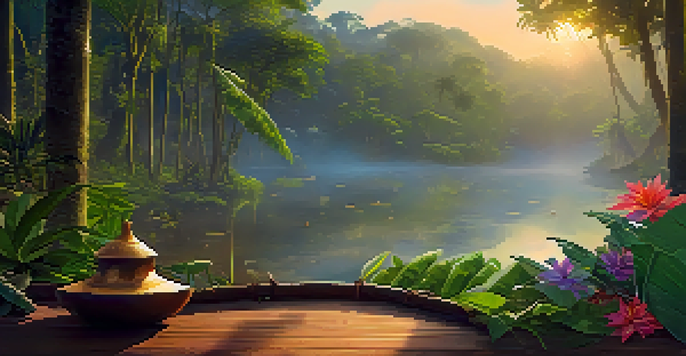 A peaceful Amazon rainforest at dawn with mist, featuring a traditional Ayahuasca brew on a wooden table surrounded by lush green foliage and flowers.