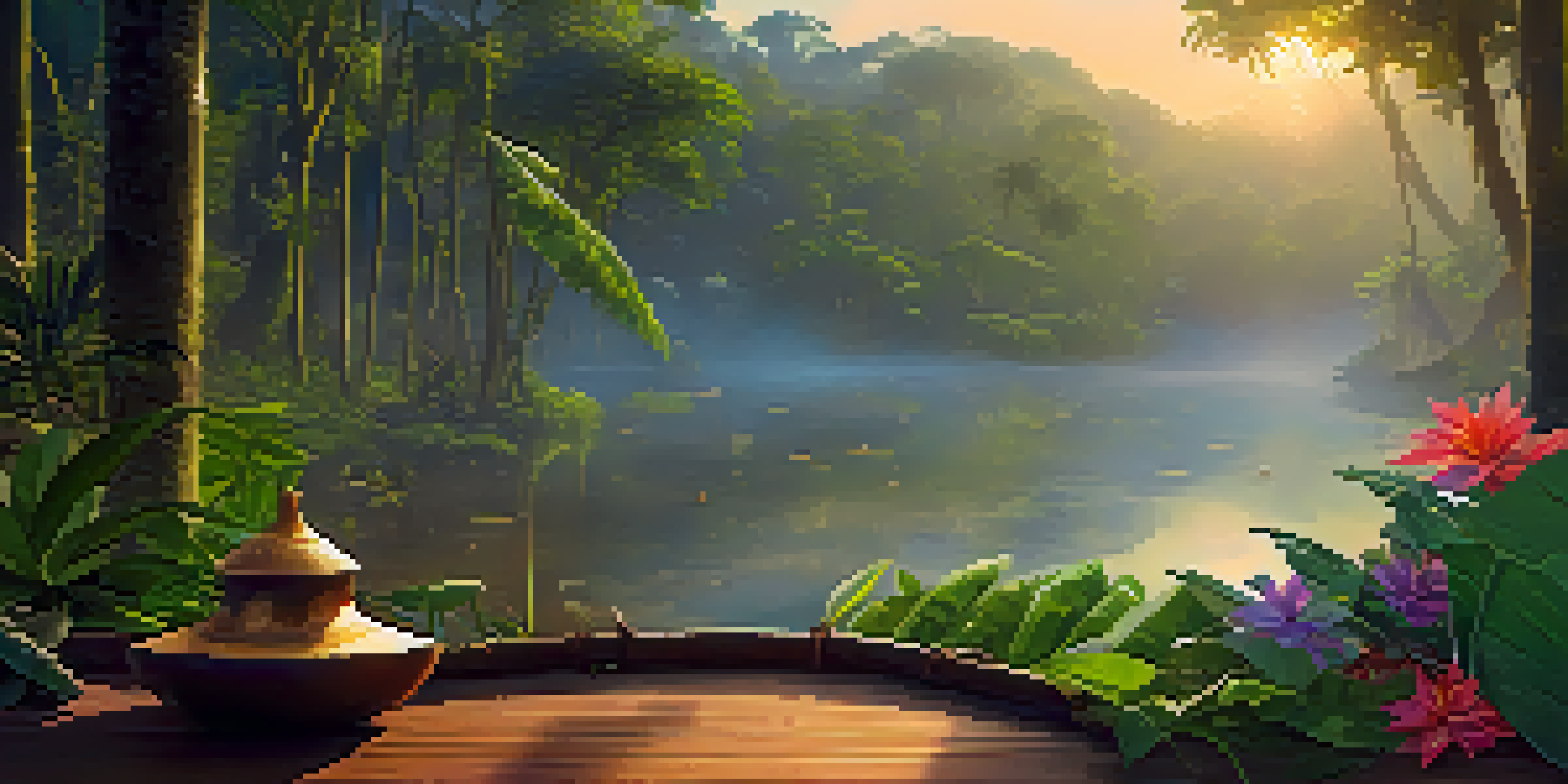 A peaceful Amazon rainforest at dawn with mist, featuring a traditional Ayahuasca brew on a wooden table surrounded by lush green foliage and flowers.