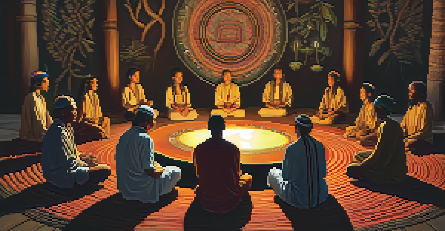 Participants in an Ayahuasca ceremony sitting in a dimly lit room with a shaman preparing the brew.
