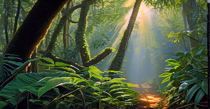 A peaceful Amazon rainforest at dawn with a focus on the caapi vine and vibrant green leaves, illuminated by soft sunlight.