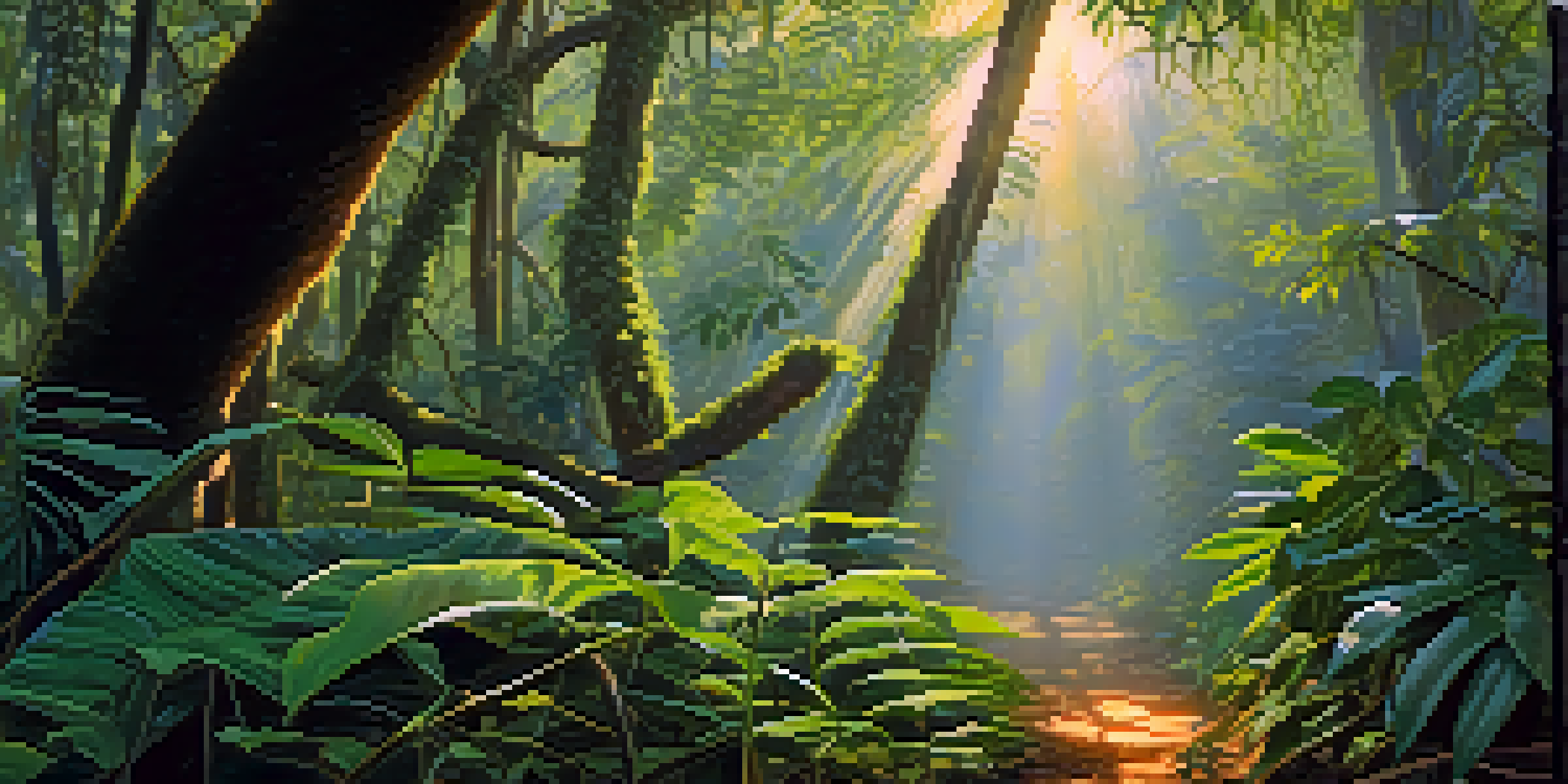 A peaceful Amazon rainforest at dawn with a focus on the caapi vine and vibrant green leaves, illuminated by soft sunlight.