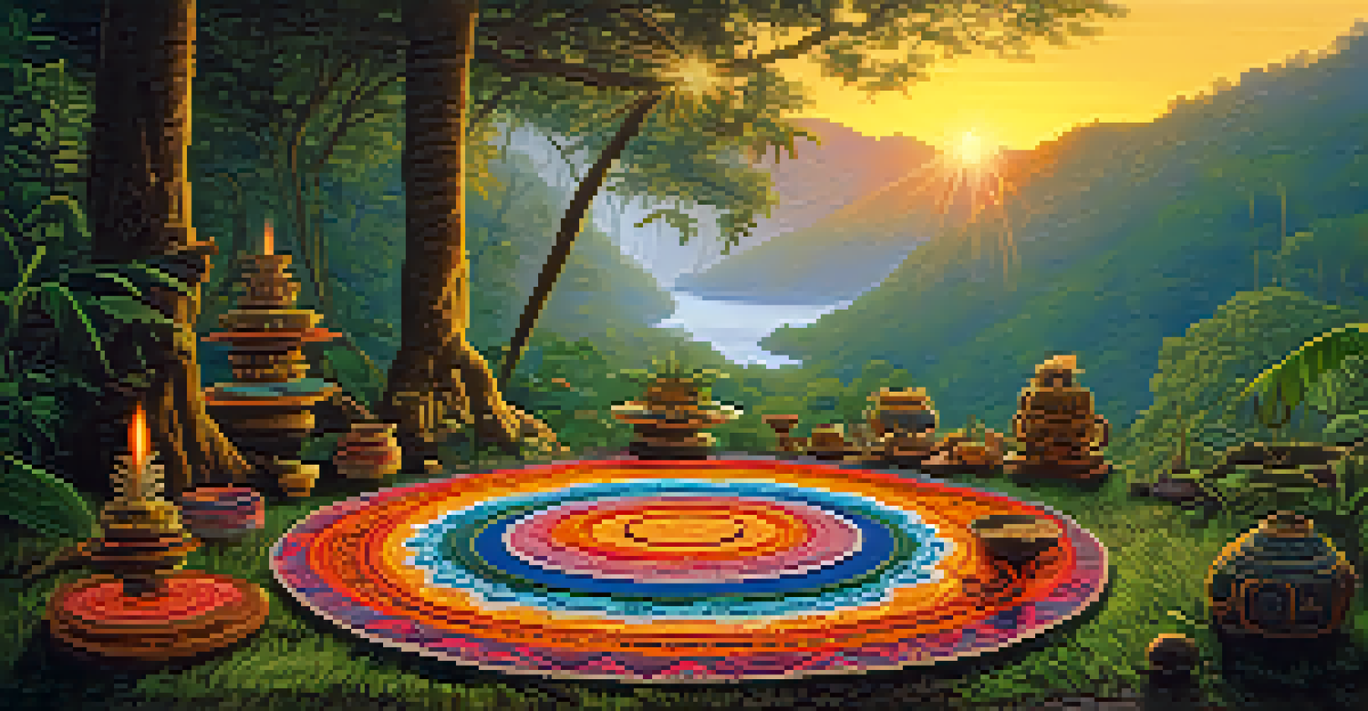 A beautiful Ayahuasca ceremony setup in nature with colorful mats and artifacts, illuminated by golden sunset light.