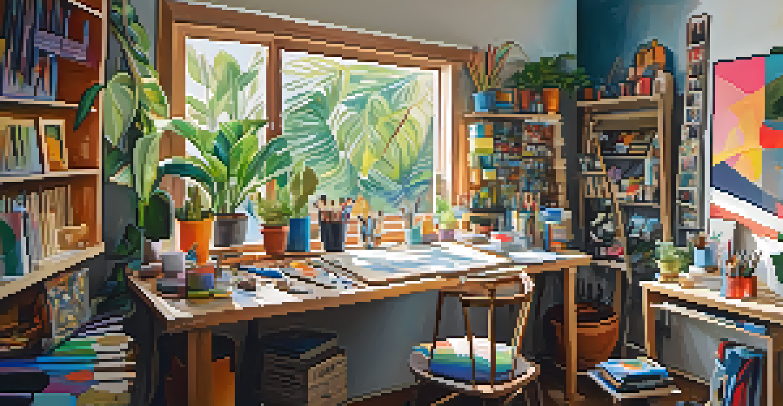 An artist's workspace with colorful art supplies and an abstract canvas, illuminated by warm natural light.