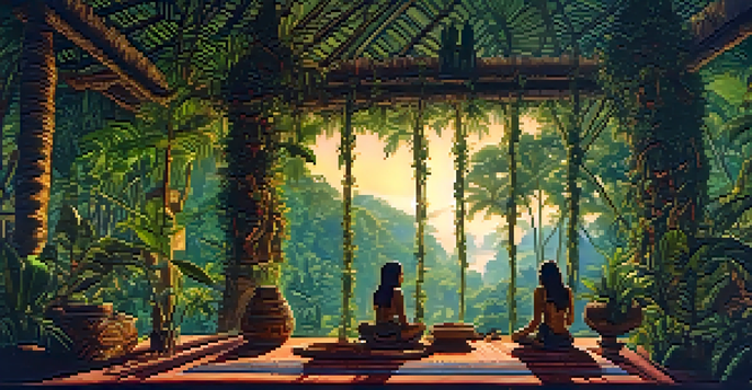 A tranquil Amazon rainforest scene with vibrant greenery and a ceremonial area, illuminated by soft, warm light.