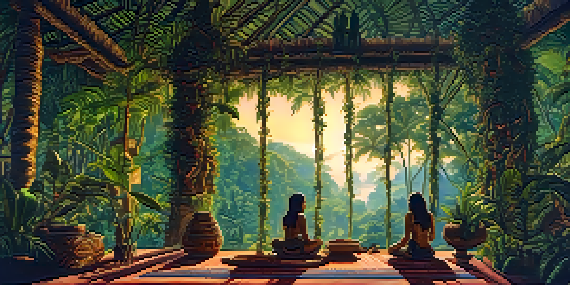A tranquil Amazon rainforest scene with vibrant greenery and a ceremonial area, illuminated by soft, warm light.