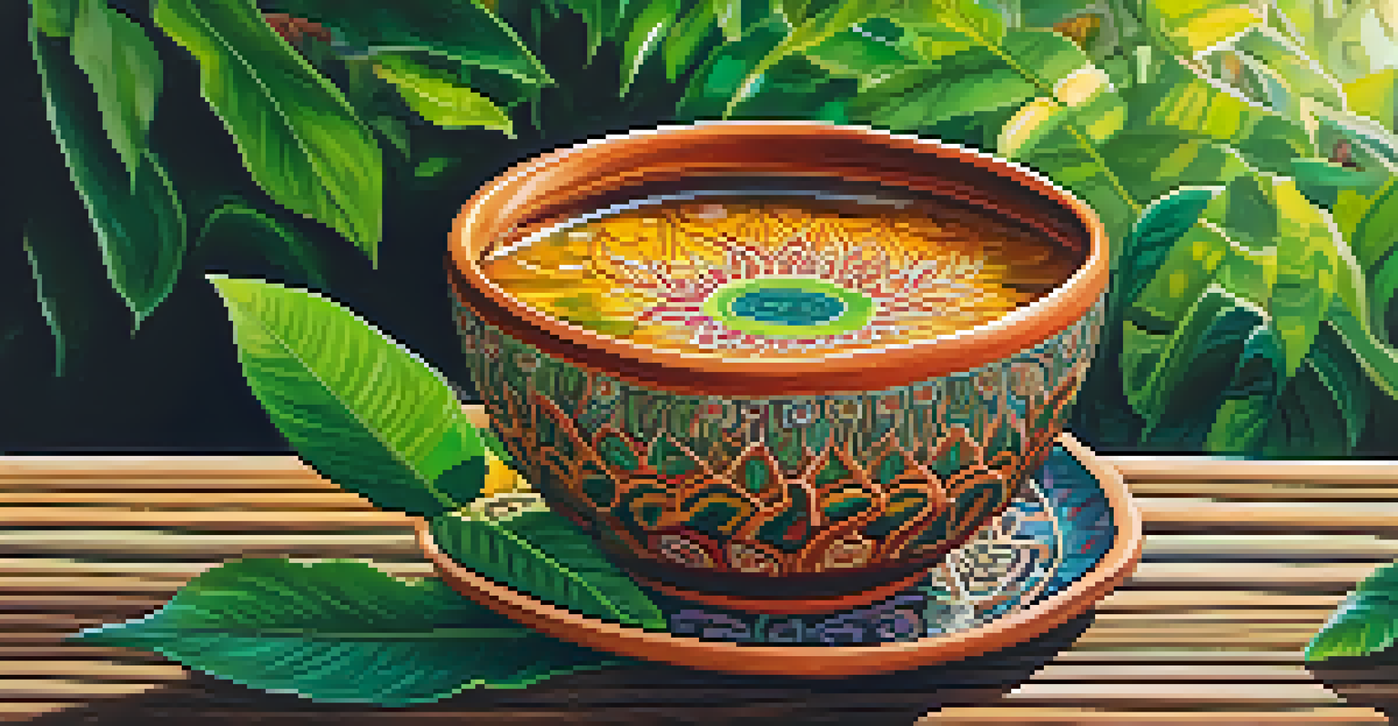 A close-up view of a colorful ayahuasca brew in a traditional ceramic cup, set against a blurred natural background with soft sunlight.