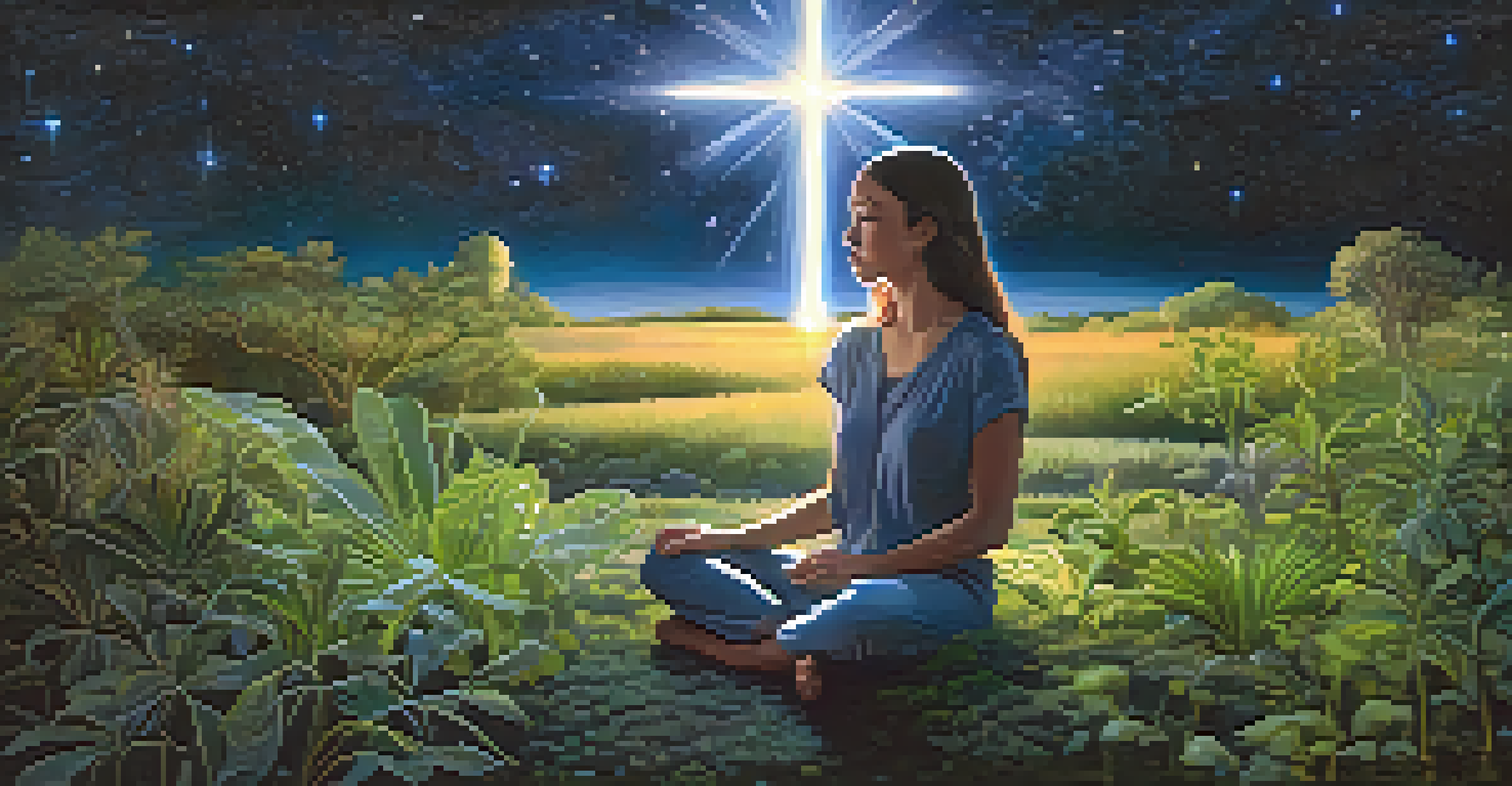 An ethereal figure sitting in a cosmic landscape, surrounded by glowing plants and stars, illuminated by soft light.