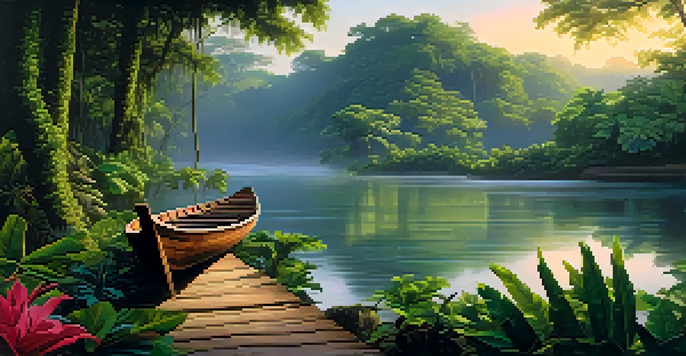 A peaceful dawn scene in the Amazon rainforest with a river, lush greenery, and a traditional wooden boat.