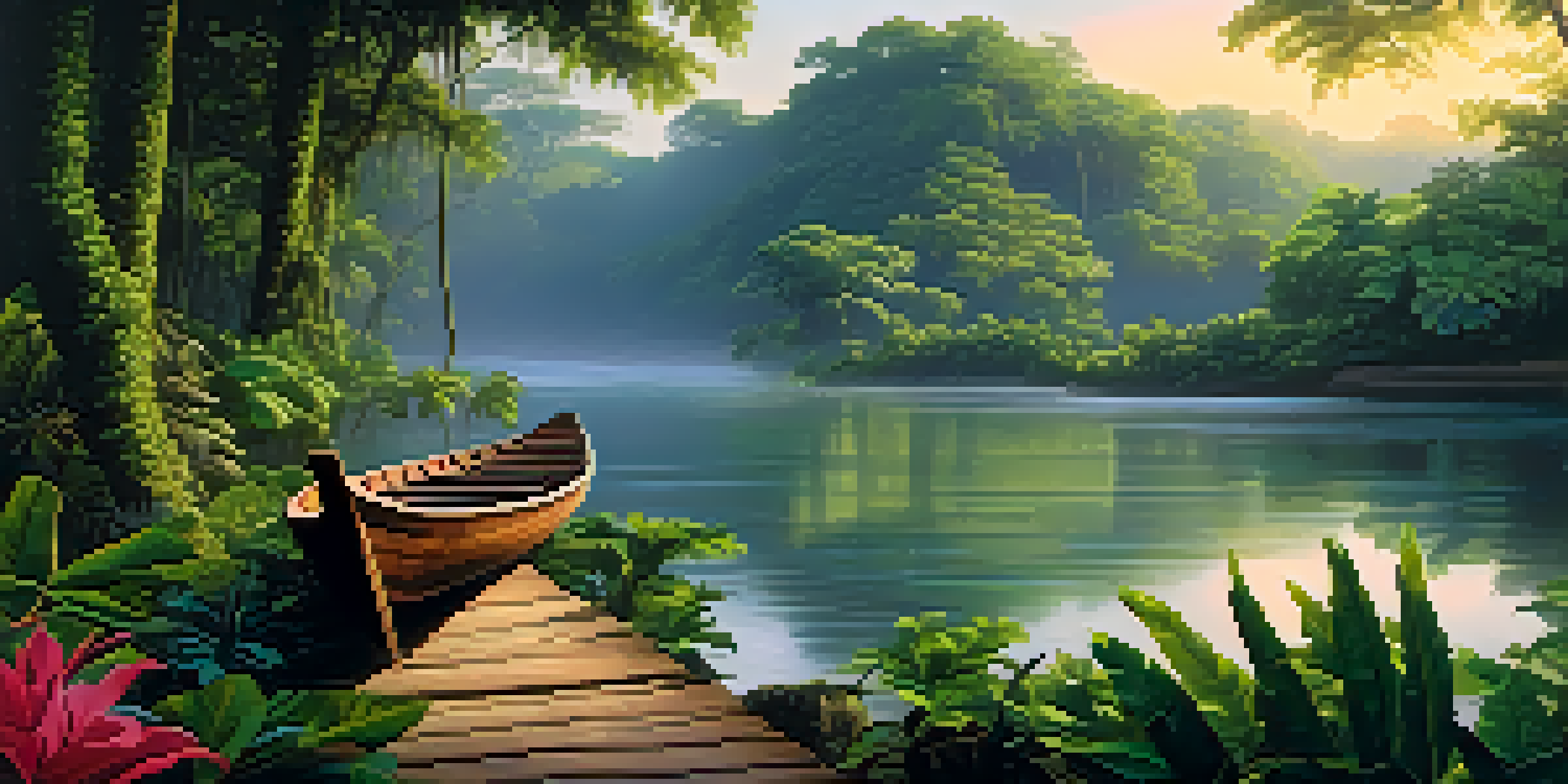 A peaceful dawn scene in the Amazon rainforest with a river, lush greenery, and a traditional wooden boat.