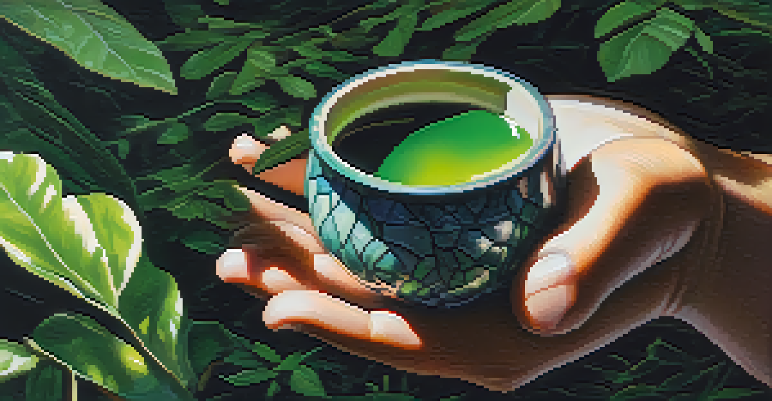 Close-up of hands holding a ceramic cup of Ayahuasca brew, surrounded by green foliage and soft sunlight.