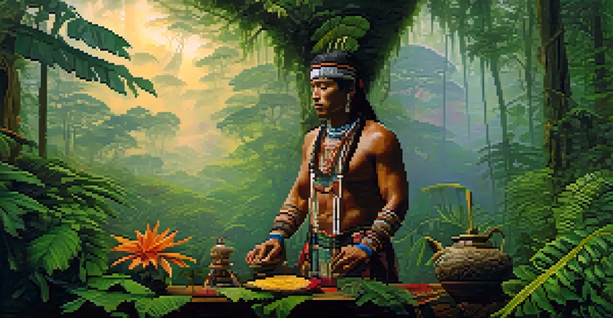 A shaman in traditional attire holds a ceremonial cup in a misty Amazon rainforest at dawn, with soft sunlight filtering through the trees.