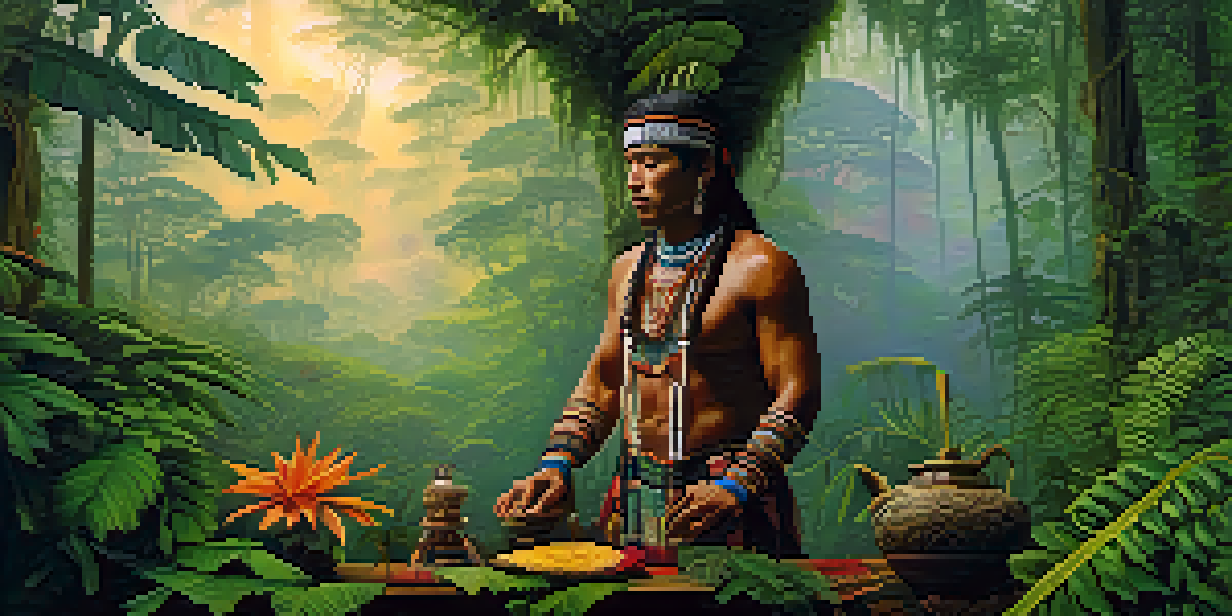 A shaman in traditional attire holds a ceremonial cup in a misty Amazon rainforest at dawn, with soft sunlight filtering through the trees.