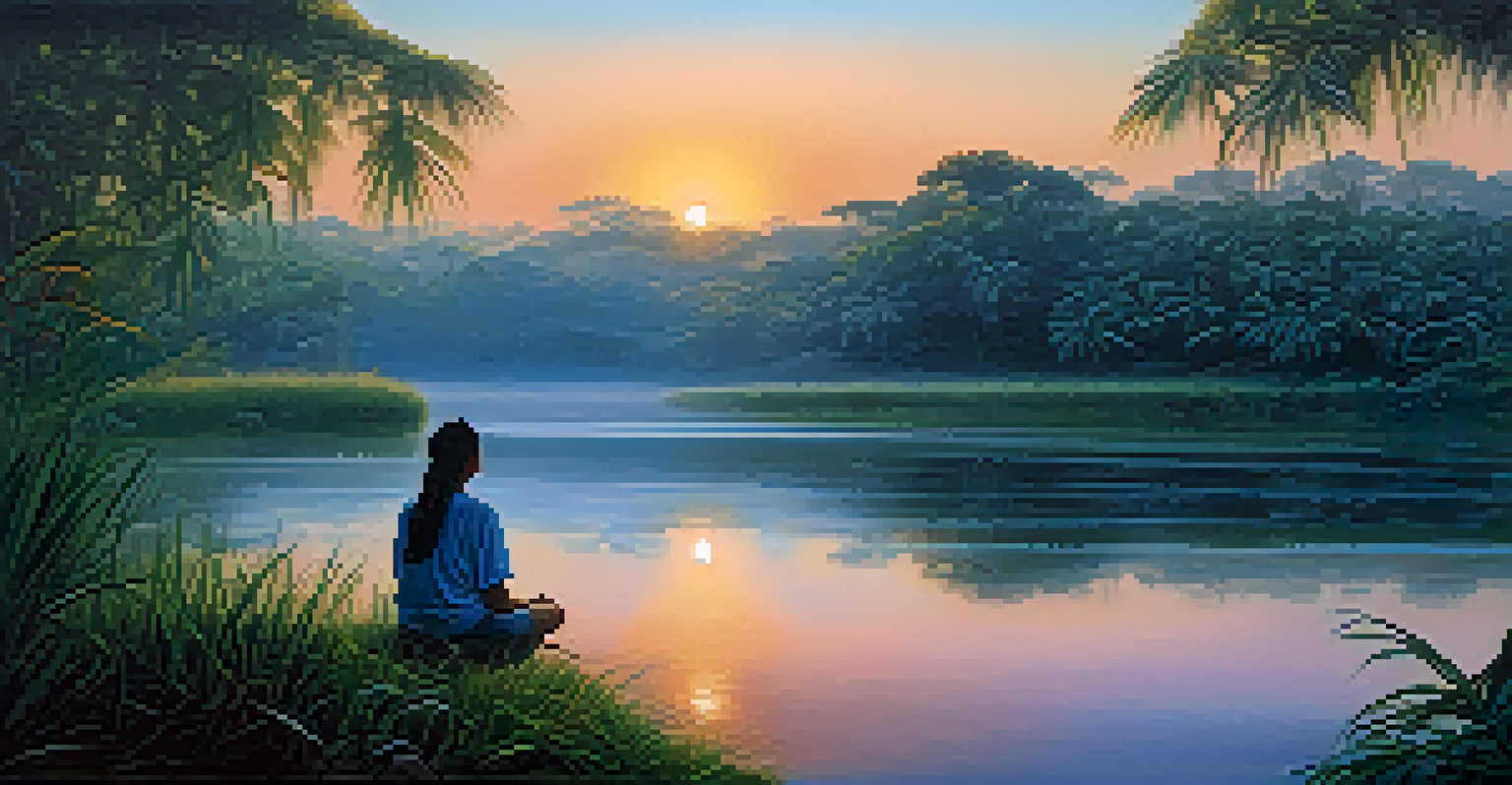 A contemplative participant sitting by a river at sunrise, with mist rising and soft light illuminating their face amidst the lush jungle.