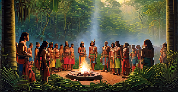 A peaceful Amazon rainforest scene with a shaman leading an Ayahuasca ceremony, surrounded by participants sitting in a circle on a mat, with mist and sunlight creating a magical atmosphere.