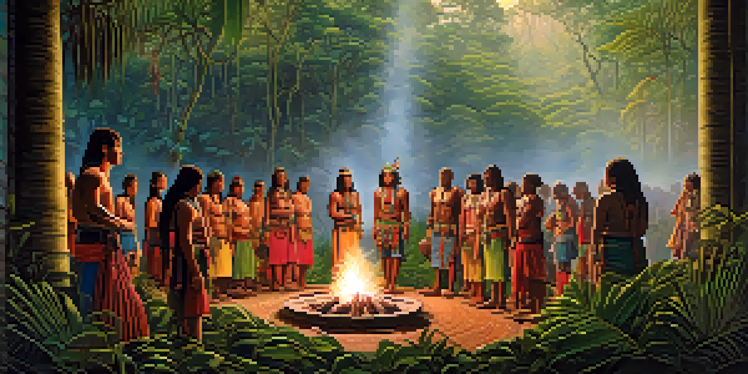 A peaceful Amazon rainforest scene with a shaman leading an Ayahuasca ceremony, surrounded by participants sitting in a circle on a mat, with mist and sunlight creating a magical atmosphere.