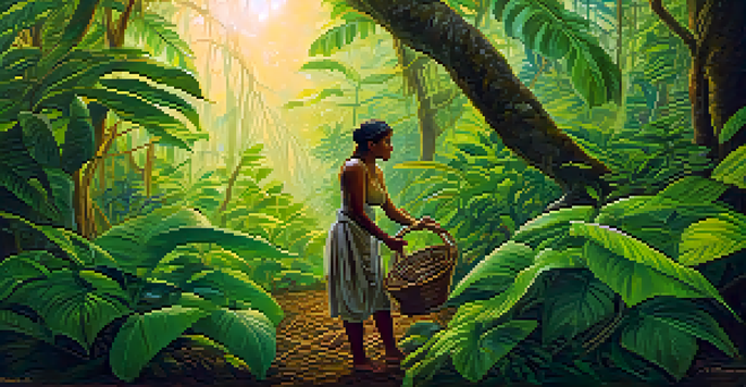 A lush jungle environment with ayahuasca plants, featuring warm sunlight filtering through the trees and an indigenous person harvesting plants responsibly.
