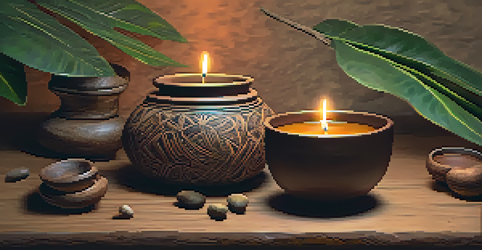 A close-up of a ceramic cup of Ayahuasca brew on a wooden table, surrounded by leaves and stones.