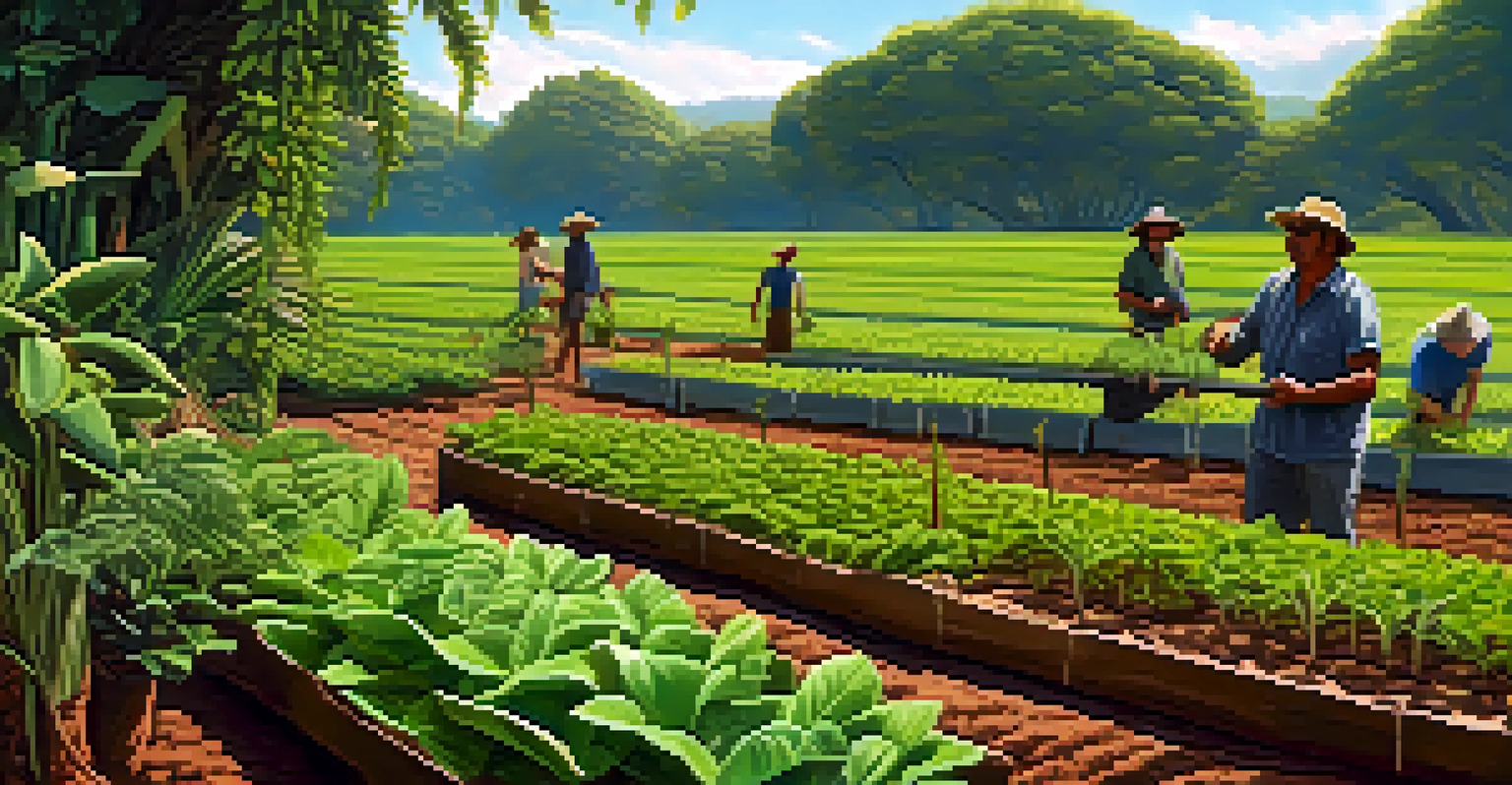 A farmer tending to organic ayahuasca plants with companion plants in a sustainable farming setup.