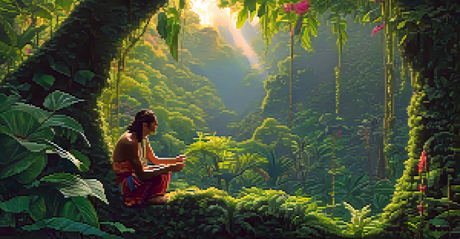 A tranquil scene in an Amazon jungle featuring a shaman preparing Ayahuasca amidst vibrant green vines and tropical flowers, with sunlight filtering through the trees.