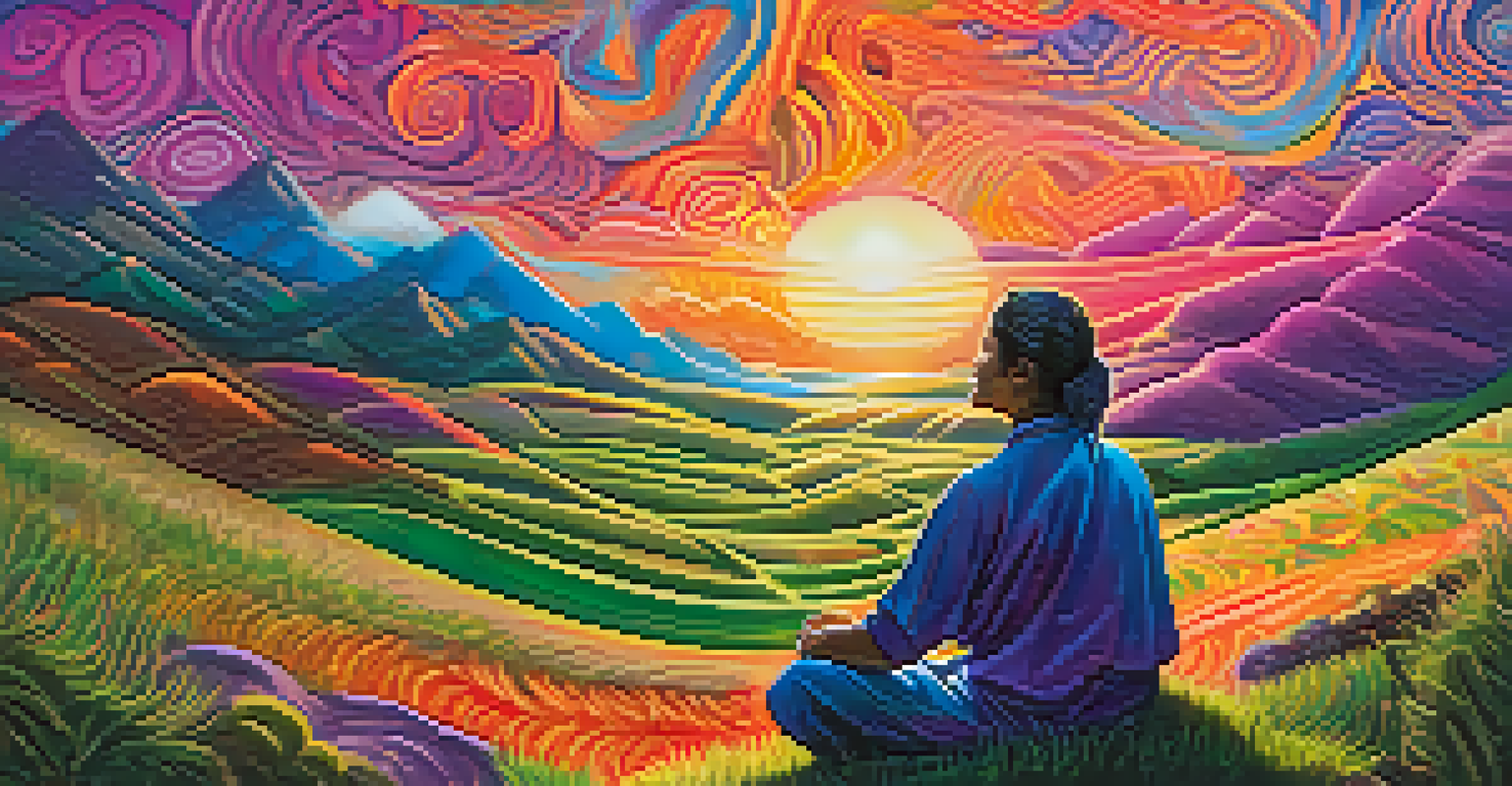 A person meditating on a hilltop, surrounded by vibrant, swirling patterns representing an Ayahuasca vision.