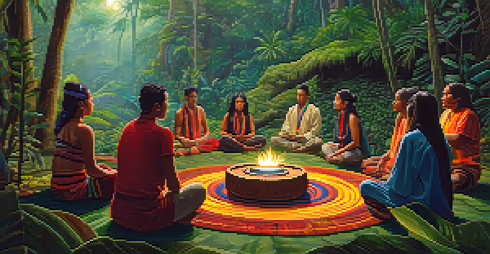 Participants in a circle during an ayahuasca ceremony in a rainforest, with a shaman guiding them.