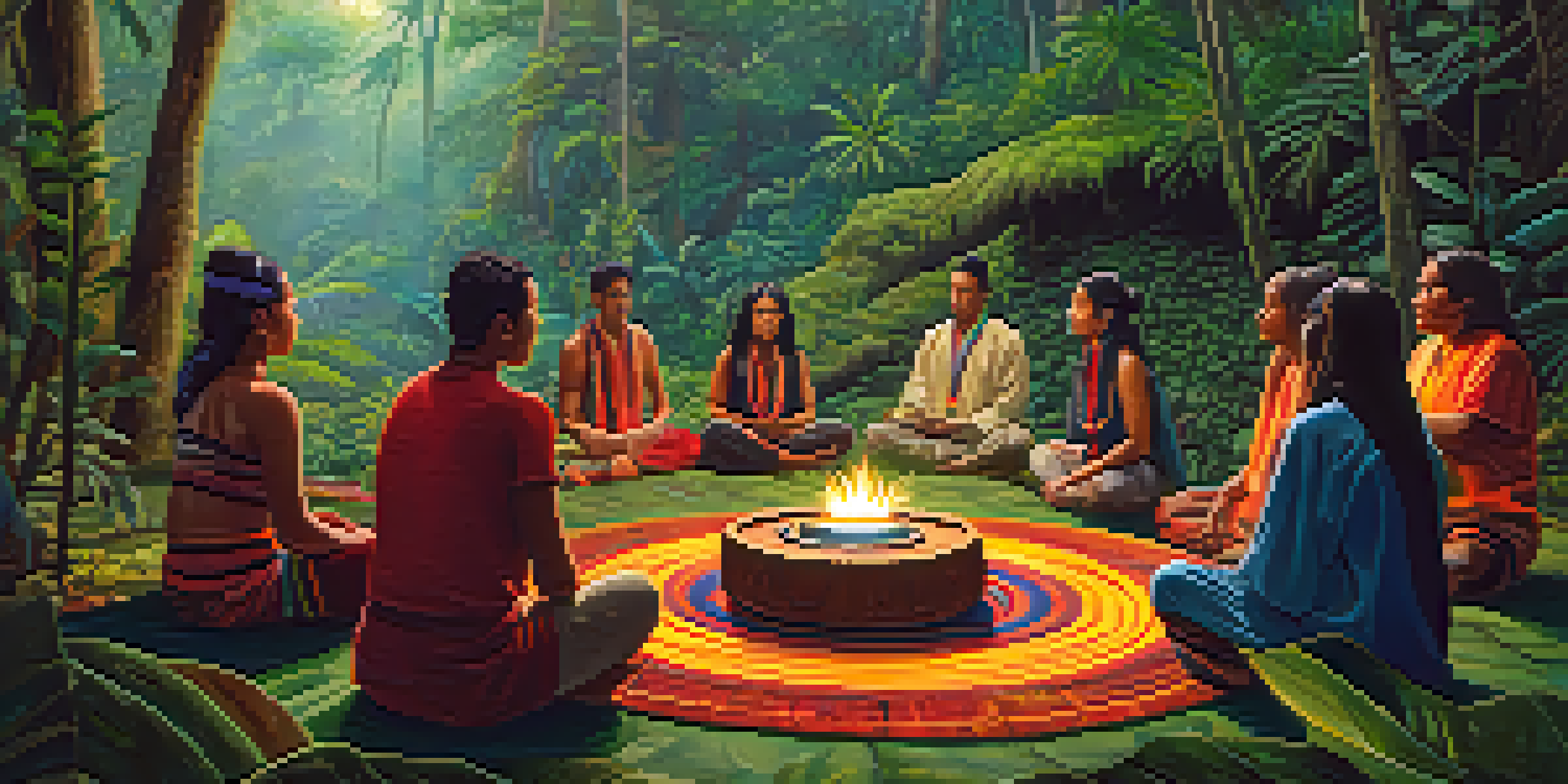 Participants in a circle during an ayahuasca ceremony in a rainforest, with a shaman guiding them.