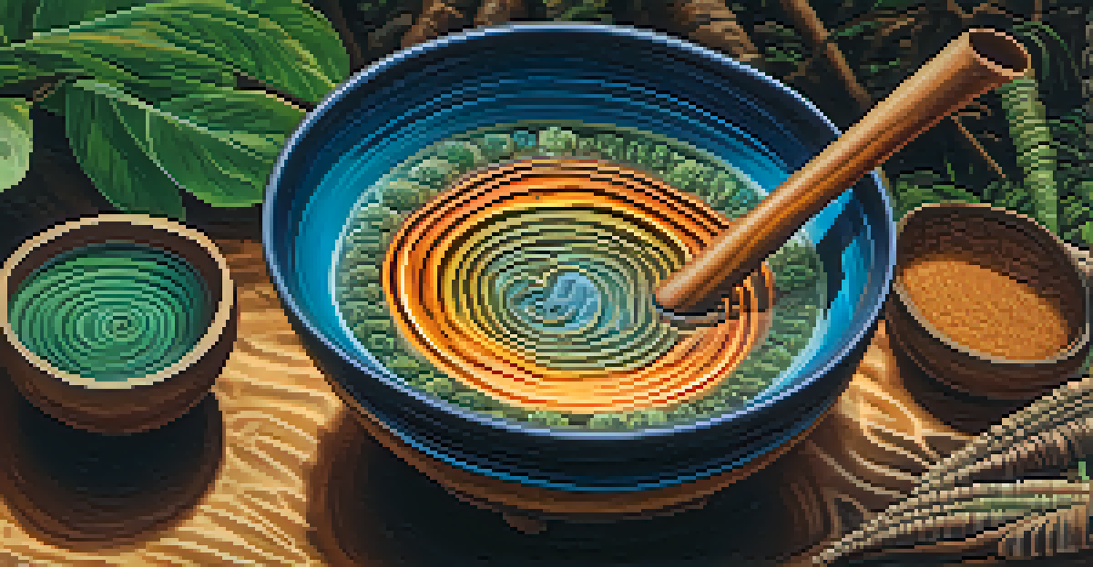 A close-up of a rich Ayahuasca brew in a traditional bowl, showcasing its earthy colors and textures against a softly blurred background.