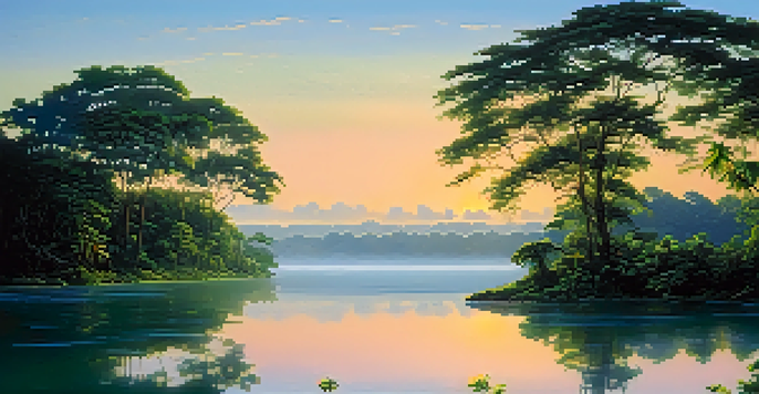 A peaceful Amazon rainforest landscape at dawn, featuring mist, lush greenery, colorful flowers, and a winding river.