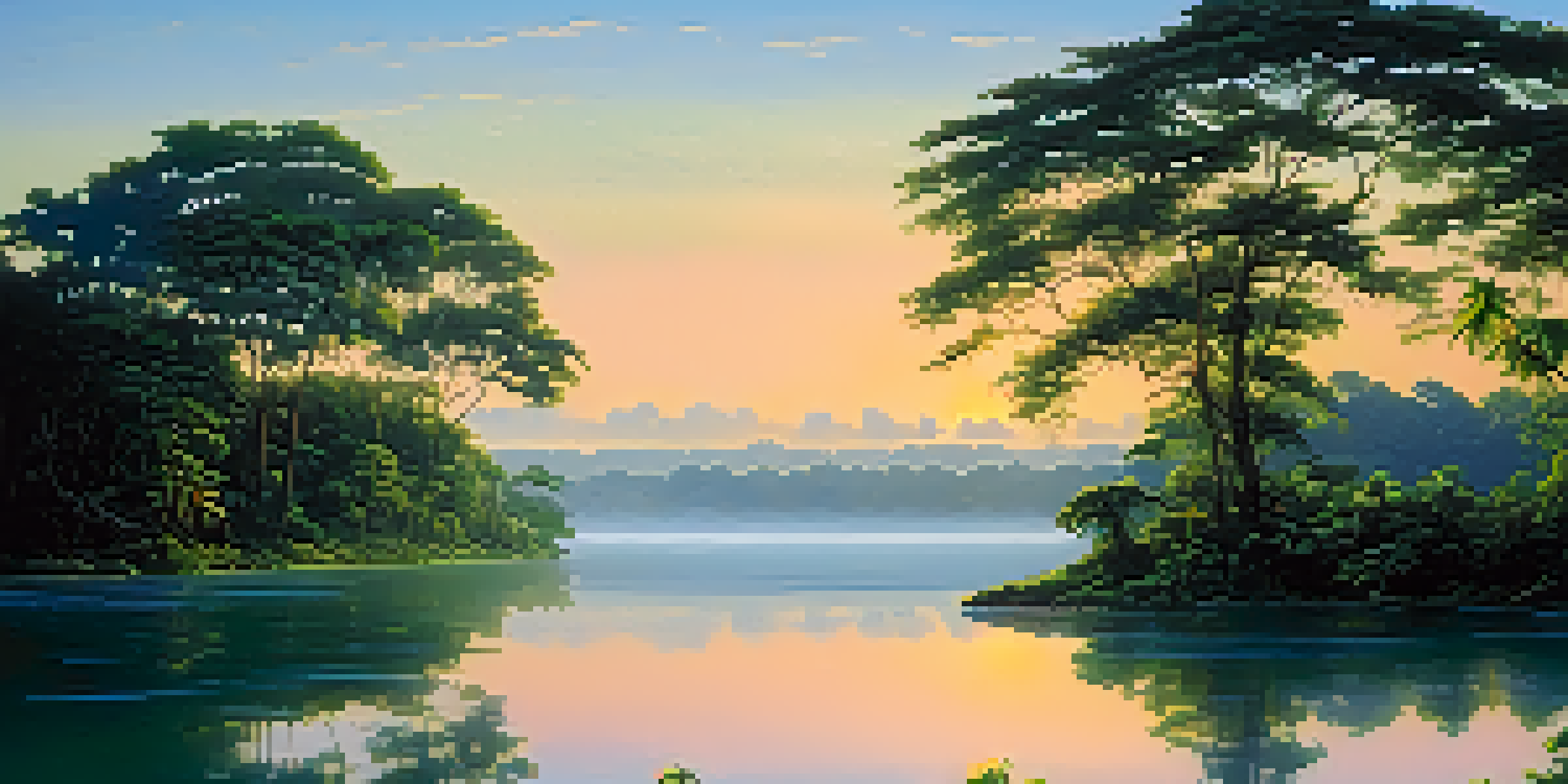 A peaceful Amazon rainforest landscape at dawn, featuring mist, lush greenery, colorful flowers, and a winding river.
