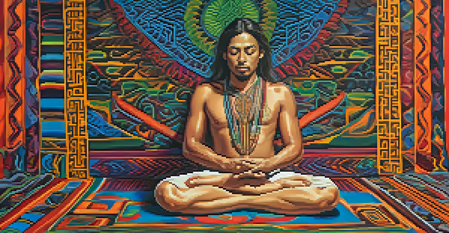 A participant in a meditative state practicing breathwork during an Ayahuasca ceremony, with abstract patterns in the background.